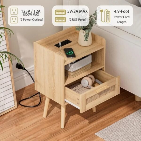 Nightstand with Charging Station,Bedside Table with PE Rattan Decor Drawer,Rattan Night Stand with Solid Wood Legs