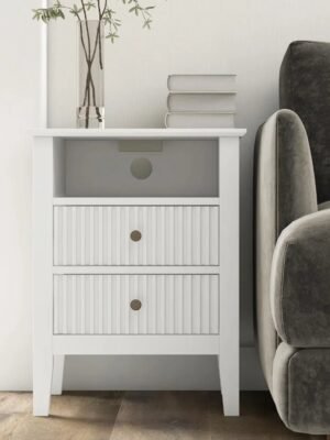 Nightstand with Charging Station, Sofa Table with 2 Drawers Cabinet, Tall End Tables with Wooden Fluted-Design, Nightstand