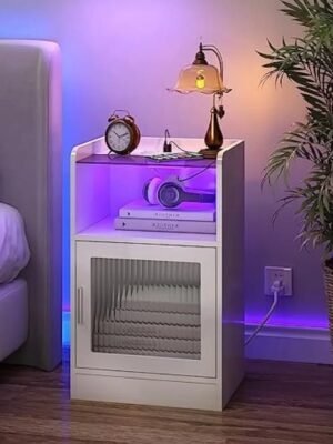 Nightstand with Power Outlet and LED Light, Side End Table with Storage Cabinet, Modern Bedside Table for Bedroom, Living Room