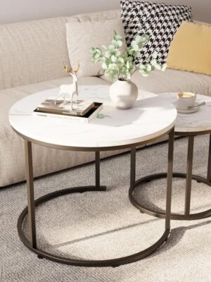 Round Nesting Coffee Table Side Table Set of 2 End Tables for Living Room Bedroom Balcony,Faux Marble Wooden Table 31IN