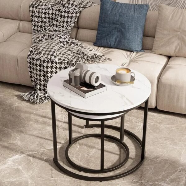 Round Nesting Coffee Table Side Table Set of 2 End Tables for Living Room Bedroom Balcony,Faux Marble Wooden Table 31IN