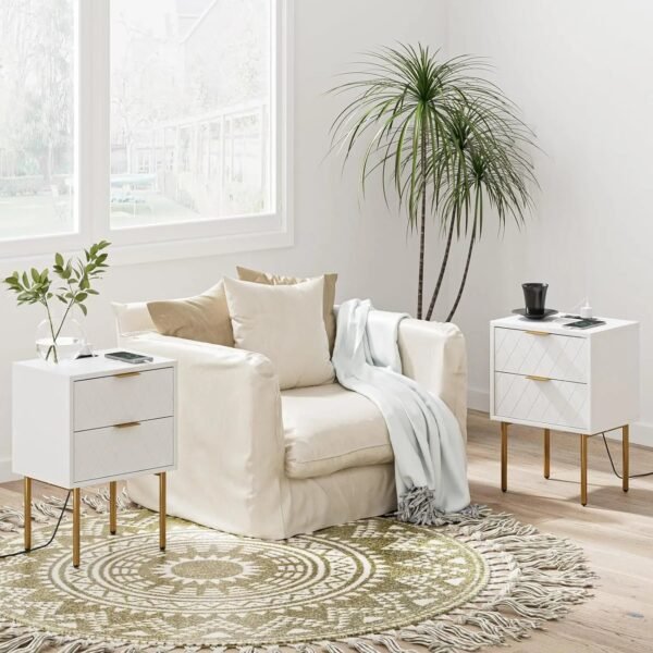 Nightstand,Mid-Century Modern Bedside Table with 2 Storage Drawer,Small Gold Frame Side End Table for Bedroom,Living Room