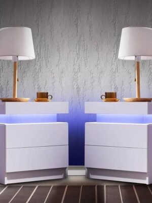 Side Bed Table With LED Light Bedside Tables for the Bedroom Furniture Generic Nightstand Set of 2 LED Nightstand With 2 Drawers
