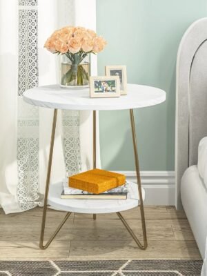 2 Tier Faux Marble End Table Round Side Table with Shelves Small Coffee Accent Table for Living Room, White and Gold