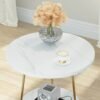2 Tier Faux Marble End Table Round Side Table with Shelves Small Coffee Accent Table for Living Room, White and Gold