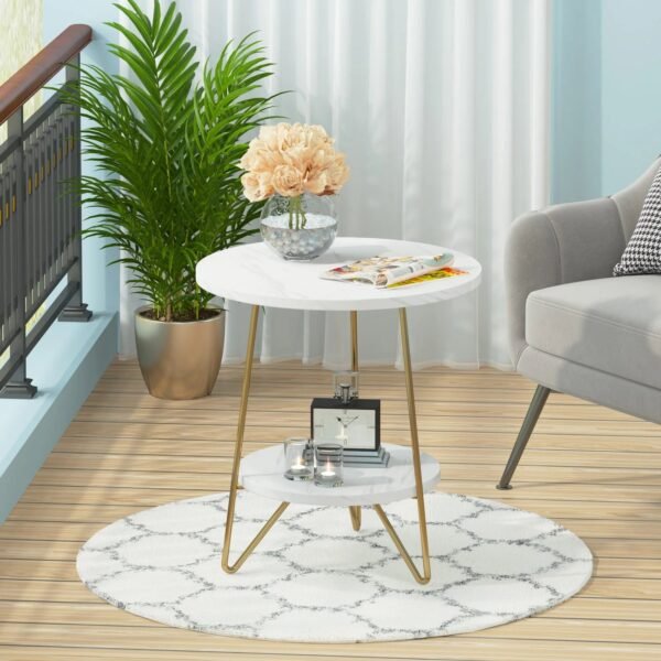 2 Tier Faux Marble End Table Round Side Table with Shelves Small Coffee Accent Table for Living Room, White and Gold