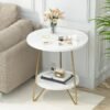 Faux Marble End Table, 2 Tier Round Side Table with Shelves, Modern Gold Nightstand Bedside Table Small Coffee Table