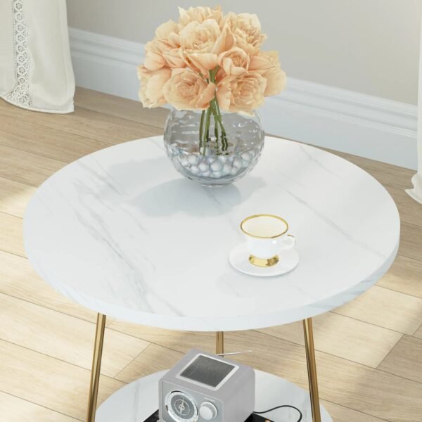 Faux Marble End Table, 2 Tier Round Side Table with Shelves, Modern Gold Nightstand Bedside Table Small Coffee Table