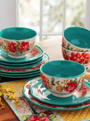 Vintage Floral 12-Piece Dinnerware Set, Teal