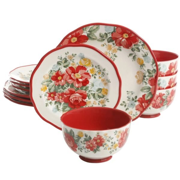 Vintage Floral 12-Piece Dinnerware Set, Teal