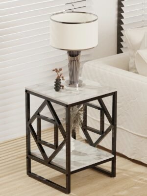 White Marble Top Side Table Sofa End Table Bedside Nightstand Black Coated Frame