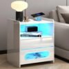 White Nightstand with Wireless Charging Station and LED Lights, Modern Bedside Table with Jewelry Storage Drawers,Side End Table