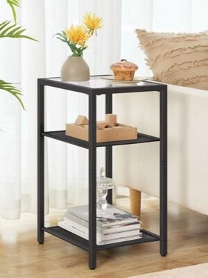 Side Tables Set of 2, 3-Tier Slim Nightstands with Storage Shelves, Modern End Tables, Tempered Glass Bedside Tables, for Living Room, Bedroom, Black BK77BZP201