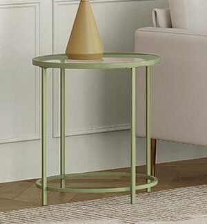Round Side Table, Glass End Table with Metal Frame, Laurel Green Coffee Table with Modern Style, for Living Room, Balcony, Bedroom, Laurel Green